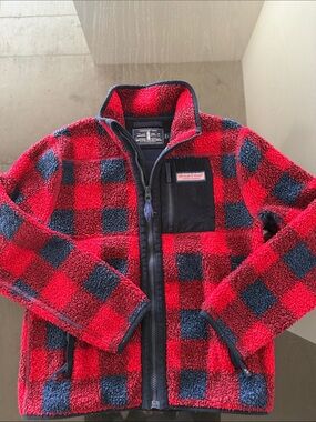 Vineyard Vines Red & Navy Buffalo Check Sherpa Supershep Zip Jacket